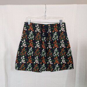 Keepsake Floral Jacquard Mini Skirt Corset Detail Navy Blue Orange White Small